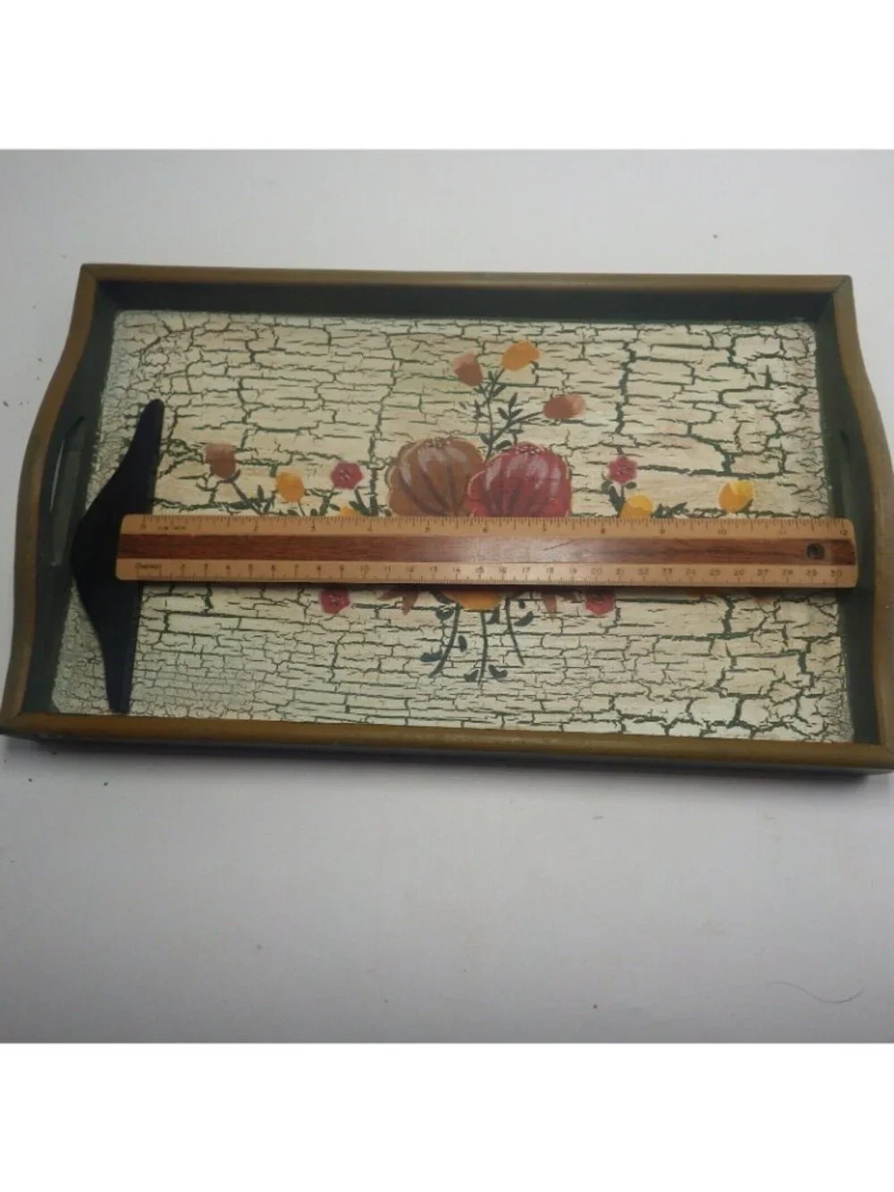 Crackle Painted Floral Tole Painting wood Tray Green - Picture 3 of 6